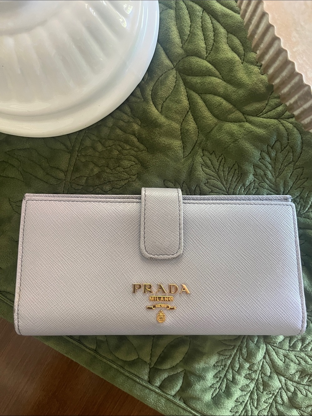 Prada Saffiano wallet in a lavender purple